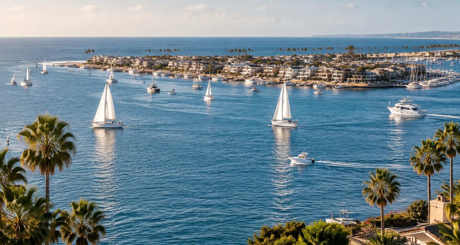 Sailboats on blue Newport Harbor waters with the coastline beyond